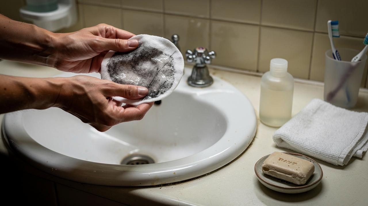 Ruke drže prljav odstranjivač šminke iznad lavaboa