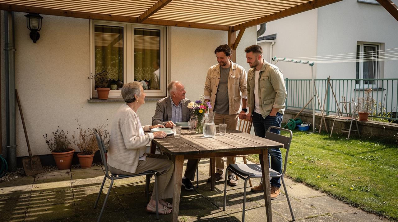 Dvoje starijih sedi za drvenim stolom na terasi dok dva mlađa muškarca razgovaraju s njima