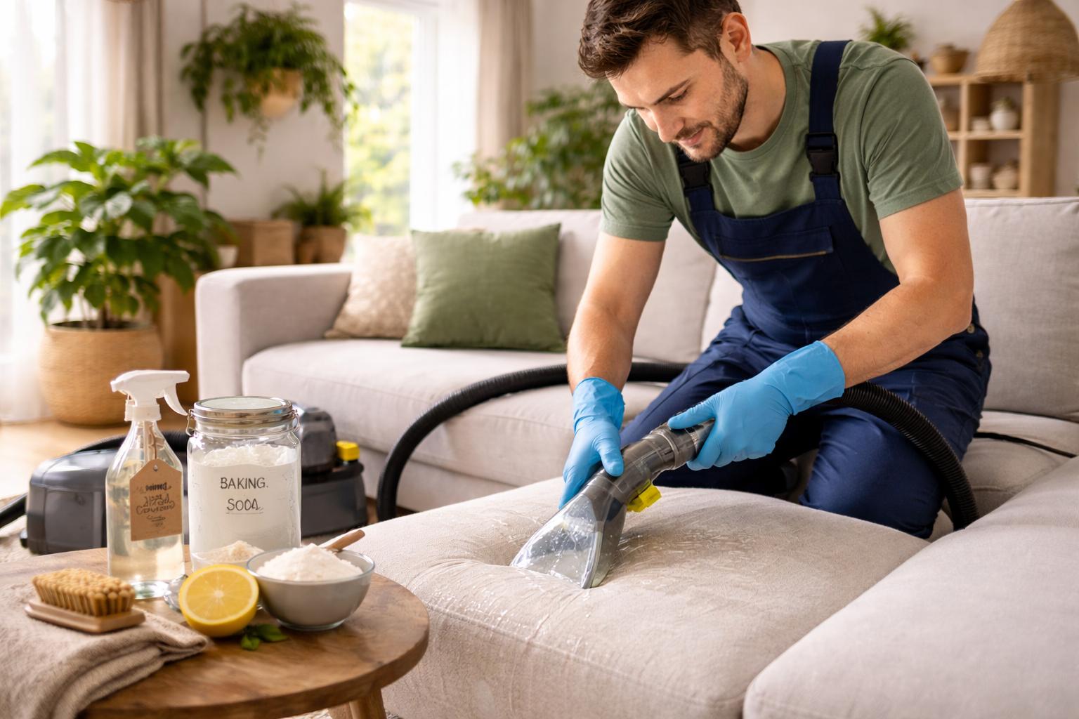 Čovek usisava garnituru u dnevnoj sobi