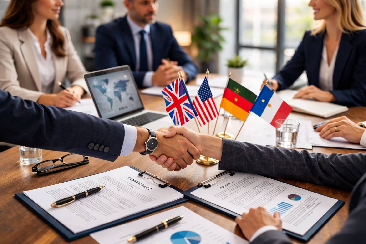 Dva čoveka se rukuju u kancelariji koje na stolu imaju zastavice nekoliko država