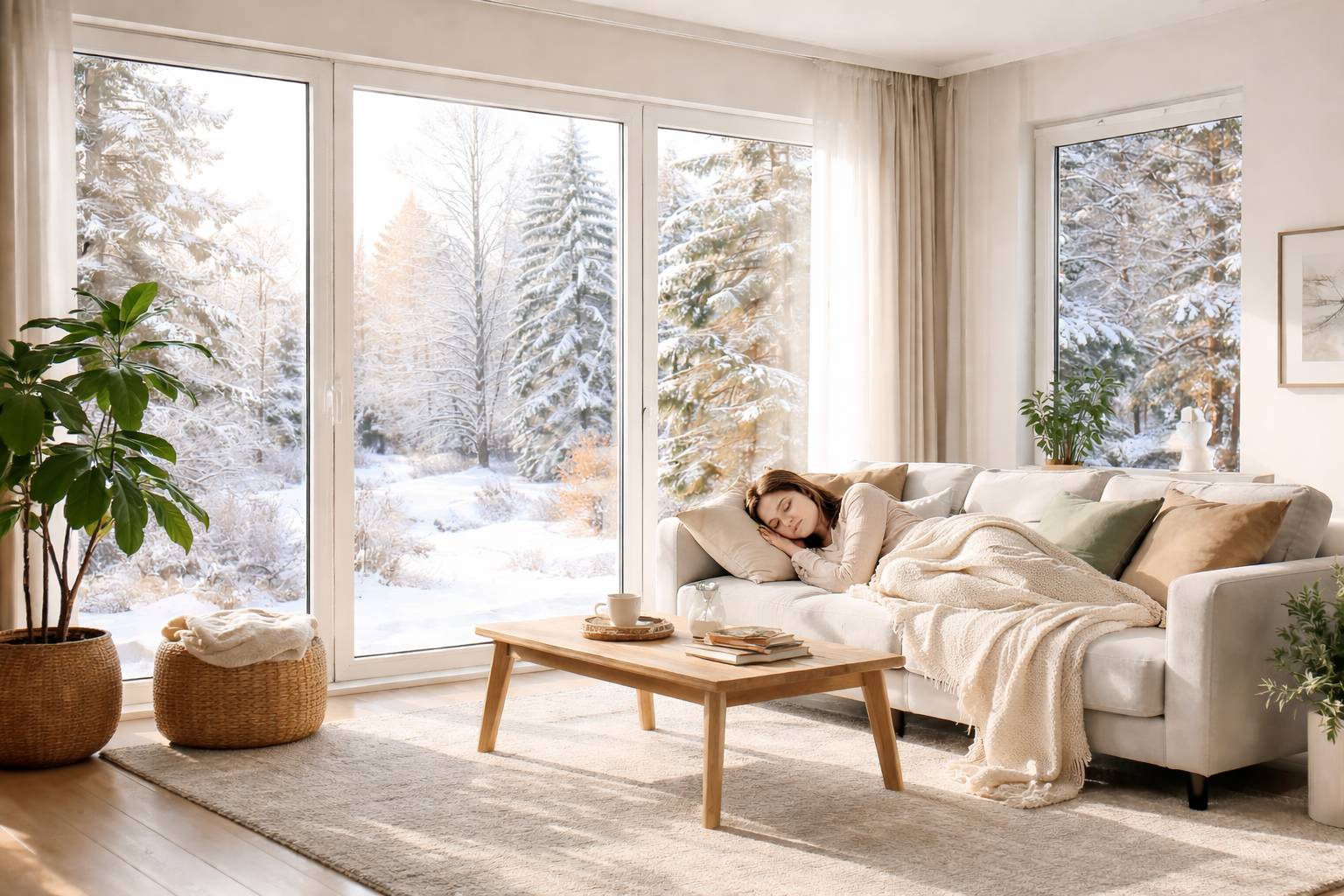 Žena spava u dnevnoj sobi pored velikih terasnih vrata