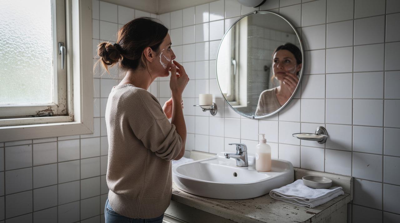 Žena nanosi kremu na lice stojeći ispred okruglog ogledala u kupatilu