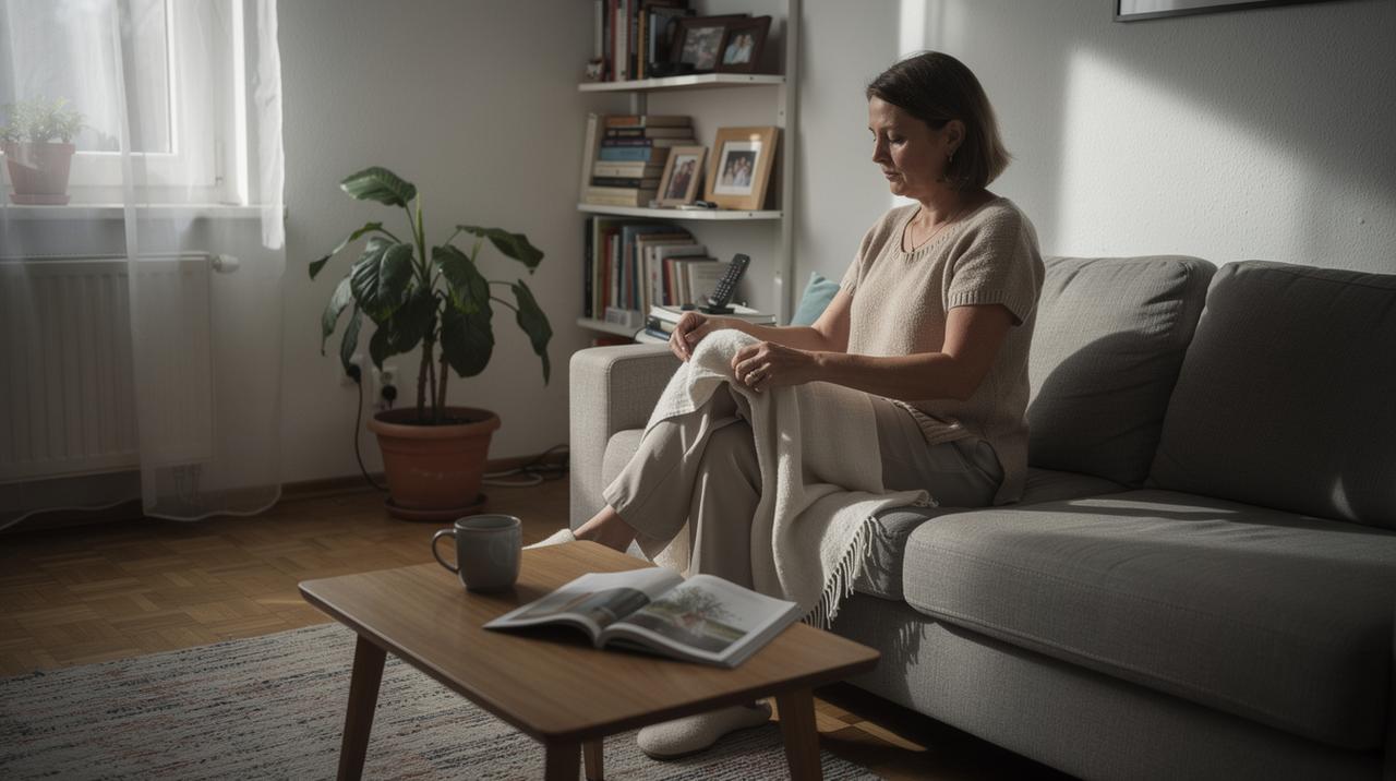 Žena sedi na sofi i prekriva noge ćebetom