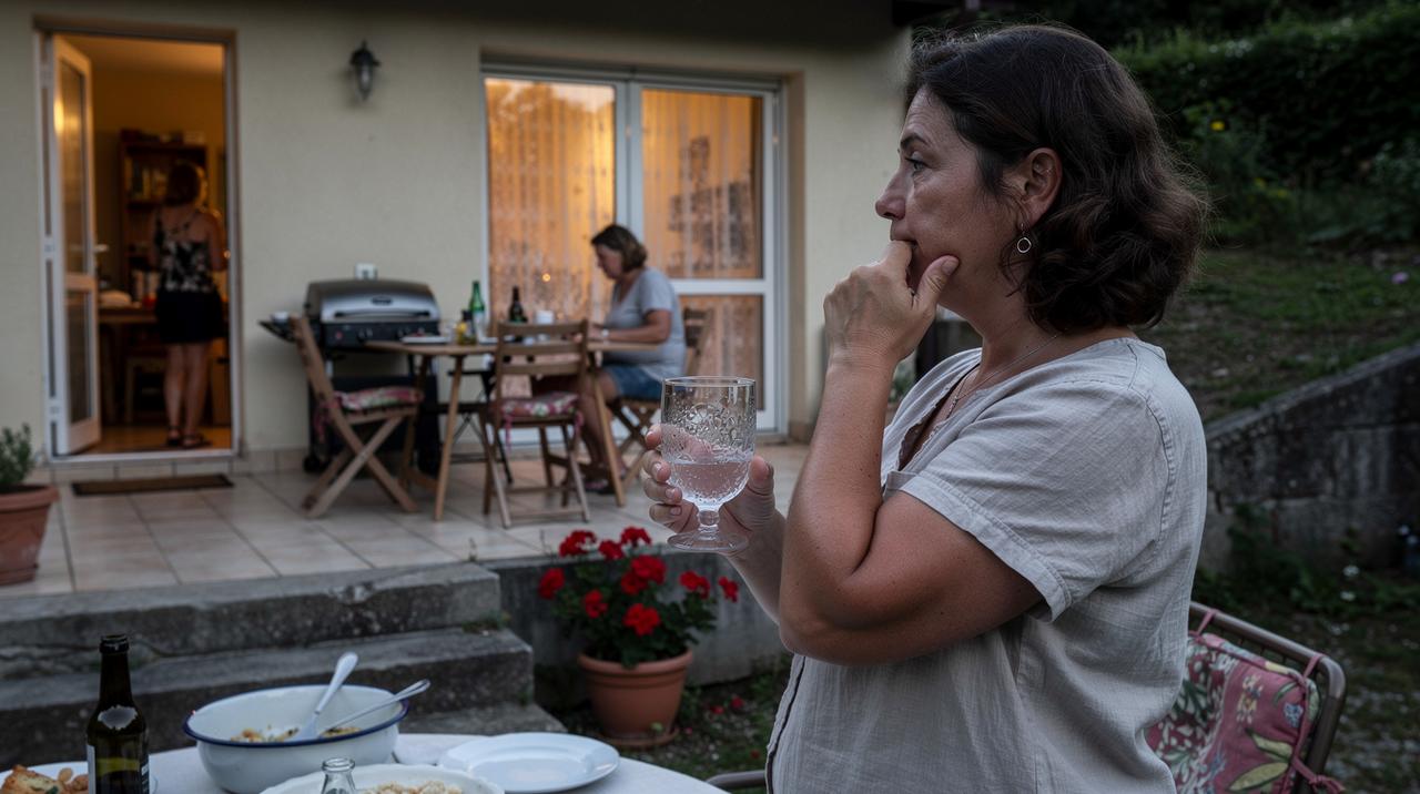 Žena stoji na terasi i drži čašu dok gleda u stranu