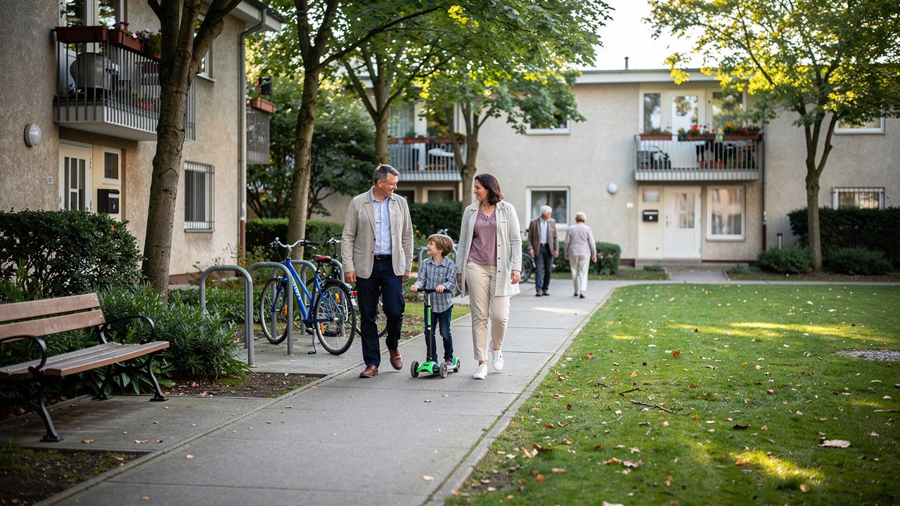 Roditelji šetaju sa detetom na trotinetu kroz stambeno dvorište