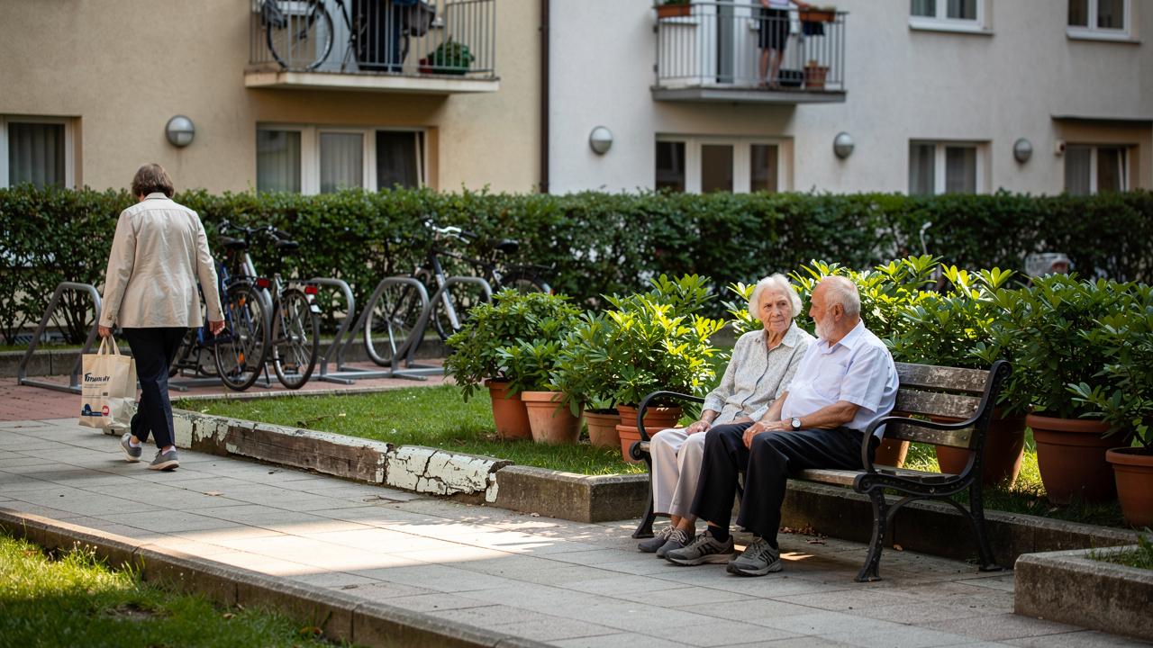 Stariji par sedi na klupi u dvorištu zgrade