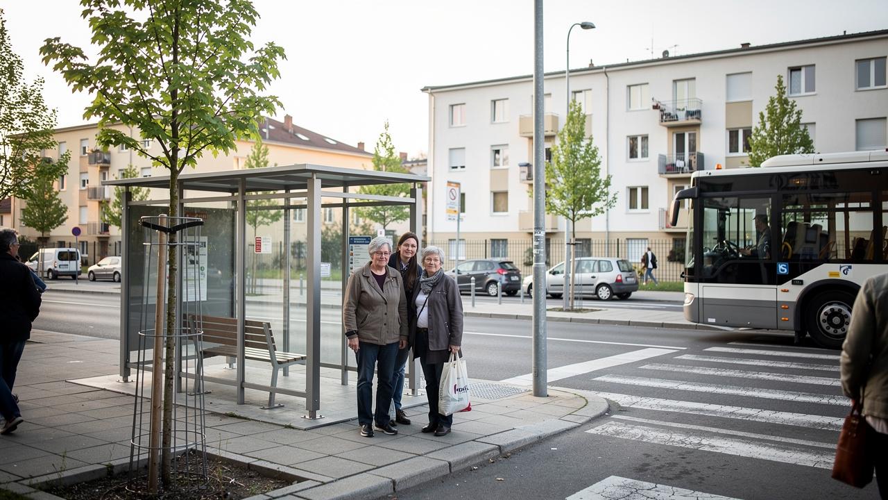 Tri žene stoje ispred autobuske čekaonice na trotoaru pored pešačkog prelaza