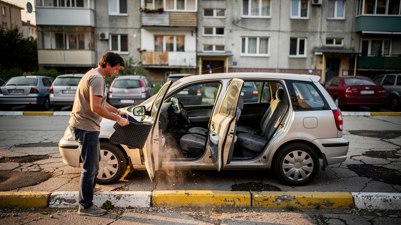 Muškarac istresa gumene prostirke iz automobila dok se prašina diže