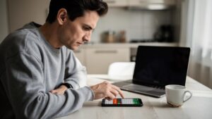 Muškarac sedi za stolom i koristi mobilni pored otvorenog laptopa i šolje