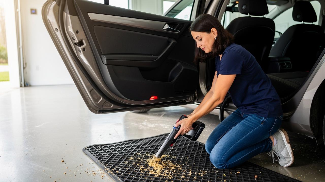 Žena usisava mrvice sa gumenog otirača pored otvorenih vrata automobila