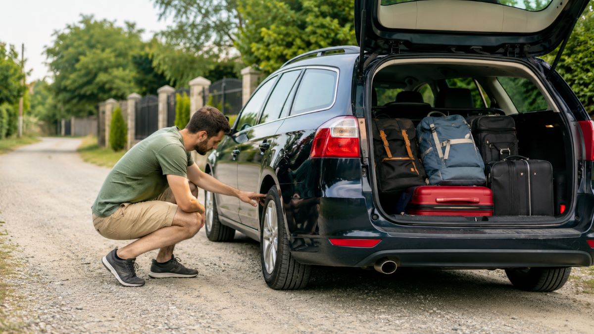 Muškarac proverava gumu na automobilu sa otvorenim gepekom u kome su putne torbe i koferi