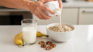 Ruka sipa mleko iz kartona u činiju sa ovsenim pahuljicama pored čaše mleka i banana