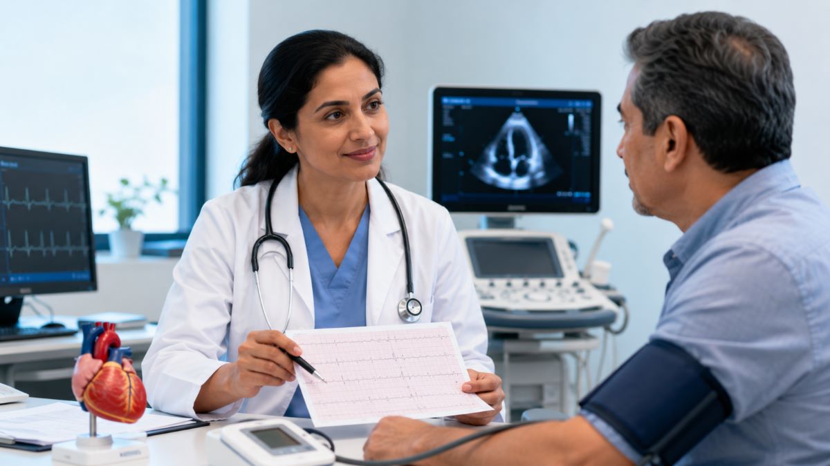 Mukarac meri pritisak dok mu doktorka pokazuje ekg nalaz