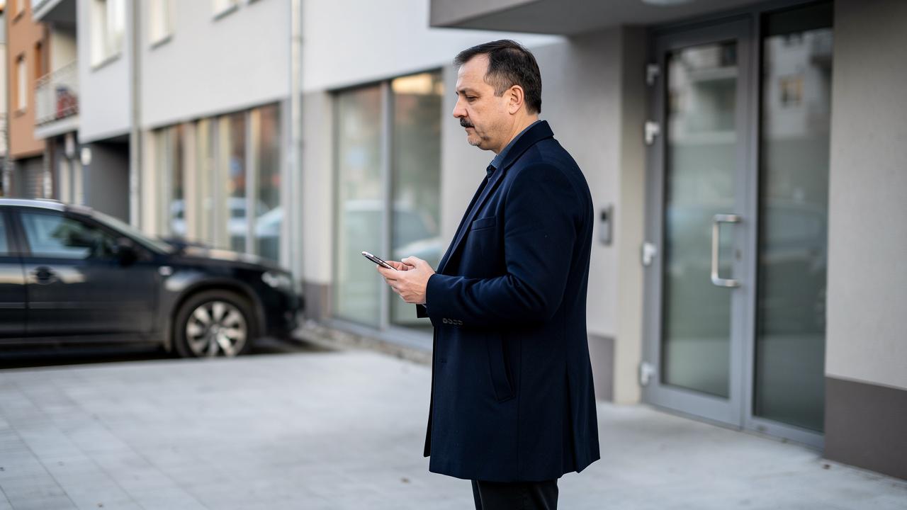 Muškarac stoji ispred zgrade i gleda u mobilni telefon
