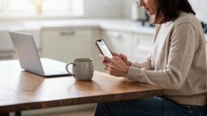 Žena sedi za kuhinjskim stolom i drži mobilni telefon pored laptopa i šolje