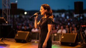 Žena peva na sceni držeći mikrofon pred velikom publikom