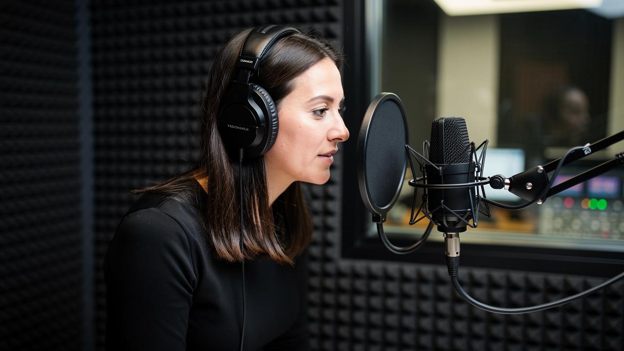 Žena sa slušalicama govori u mikrofonu u snimajućem studiju